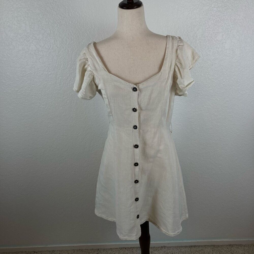 Zara button up ruffle sleeve linen blend *belted cream‎ A-line mini dress S